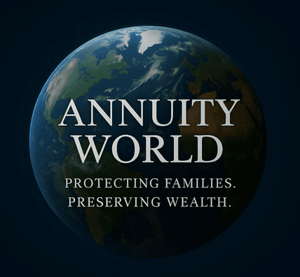 Logo of Annuity World showing Earth with the tagline about protecting families and wealth.